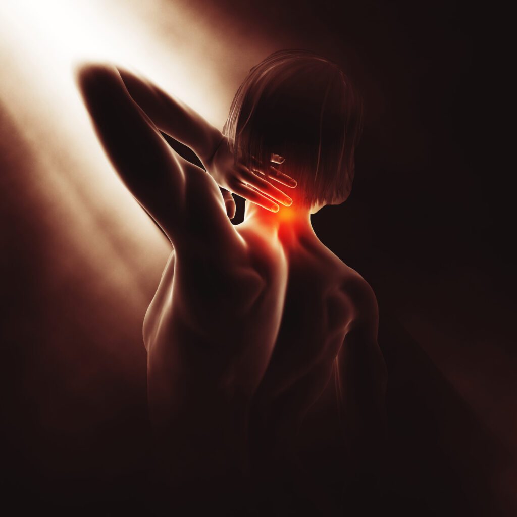 3D-rendered medical illustration of a woman clutching her neck with a red glow highlighting neck pain