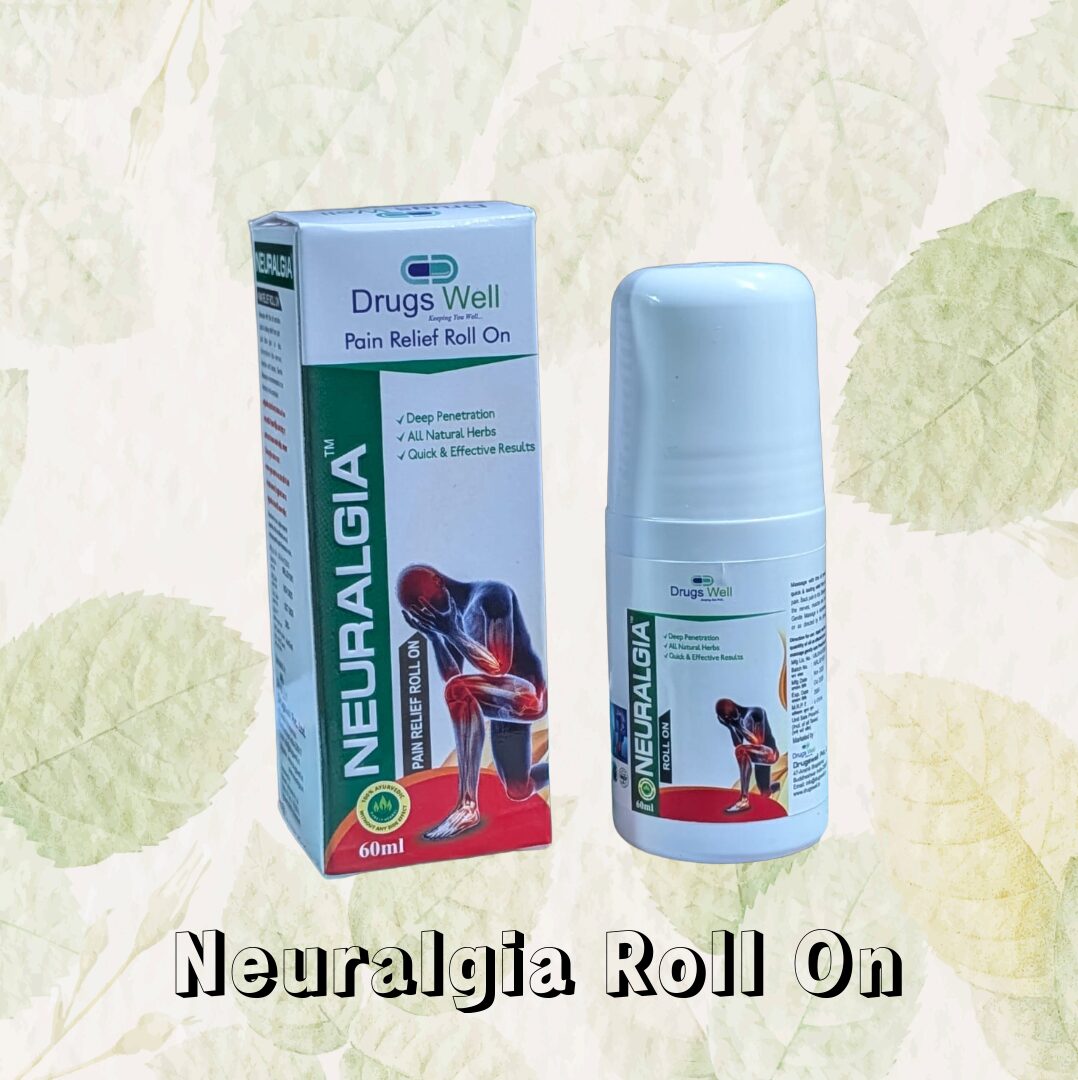 Neuralgia Pain Relief Roll On By DrugsWell. The product being shown, package at the left and roll-on bottle at right. Leaves background of light green colour. Neuralgia Roll On written in text.