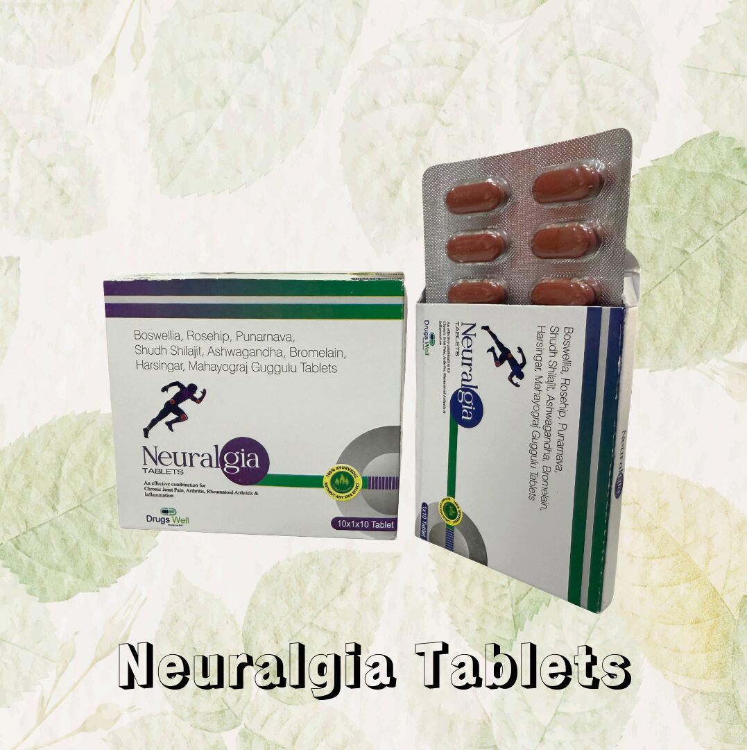 Neuralgia Tablets with leaves background. Neuralgia Tablets written as well.
