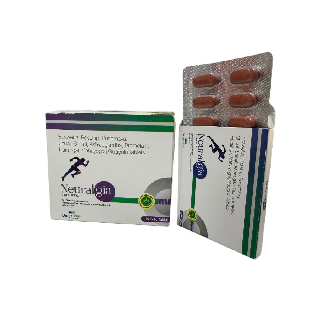 Neuralgia Tablets Product. Box on left and strip on right.