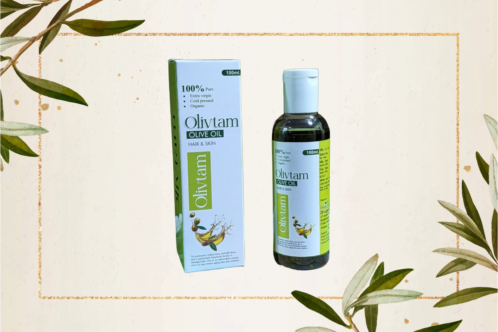 Olivtam Olive Oil By DrugsWell photo with a paper background and few branches.