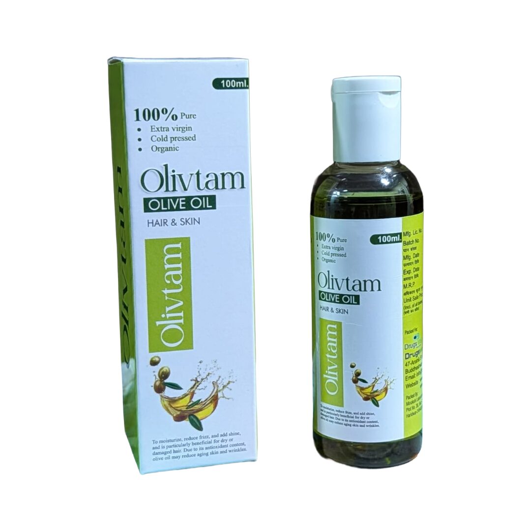 Olivtam Olive Oil By DrugsWell. Packaging on the left and olive oil bottle on the right.